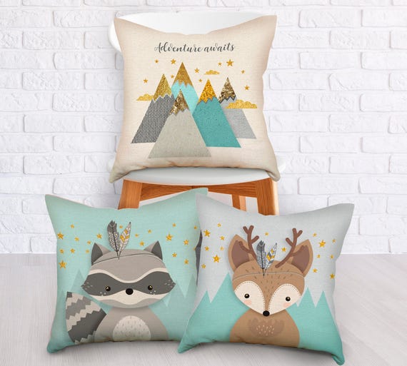 Woodland Pillows Kids Room Throw Pillow Set Of 3 Cushion Etsy
