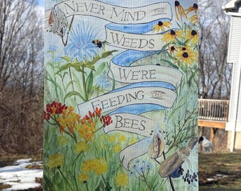 Feeding Bees Yard Sign, Rewilding Garden Art, Pollinator Support, 12x18" Original Artwork on PVC