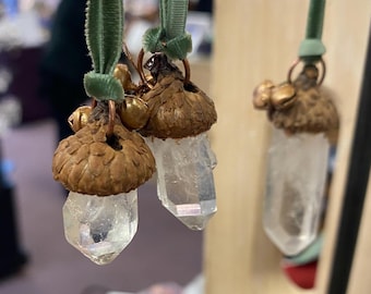 Quartz Acorn Ornament with Bells on Velvet Ribbon
