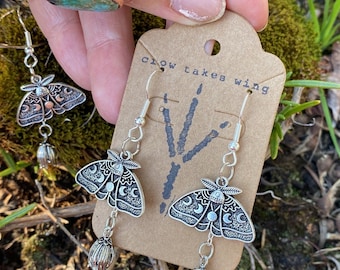 Moon Moth Earrings, Bluebell Dangle Charm, Silver Tone