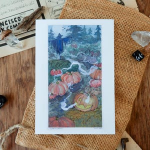 May include: A watercolor painting of a scarecrow standing in a field of pumpkins. The pumpkins are various shades of orange and yellow, and some are glowing with a soft light. The scarecrow is wearing a blue shirt and a straw hat. The background is a hazy blue and green.
