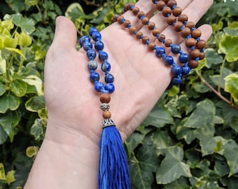 ESHIN 108 Beads Hand Knotted Mala Necklace with Blue Jasper, Sandalwood and Cotton Tassel ~ THROAT CHAKRA - Truth, Communication, Healing