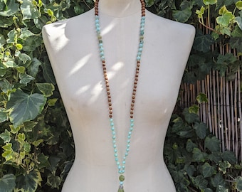 KARAMIA 108 Beads Hand Knotted Mala Necklace with Amazonite, Agate, Serpentine, Green Onyx, Sandalwood and Cotton Tassel, by Sam @ Safistore