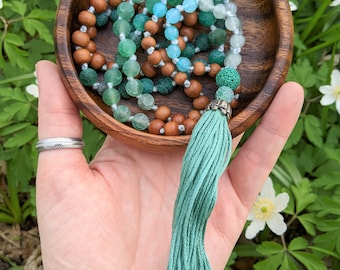 SHAMATHA  || 108 Beads Hand Knotted Mala Bead Necklace with Jade, Agate, Lava Rock and Sandalwood || Safistore