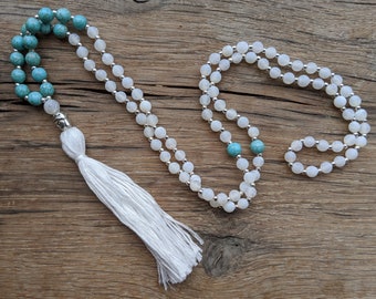 Turquoise 108 Bead Mala Malla Beads Necklace with Cotton Tassel - 'The Truth Mala' - THROAT CHAKRA - Truth, Communication, Healing