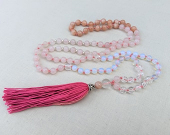 TAKARRA || 108 Beads Hand Knotted Mala Necklace with Moonstone, Rose Quartz, Clear Quartz and Opal || Safistore