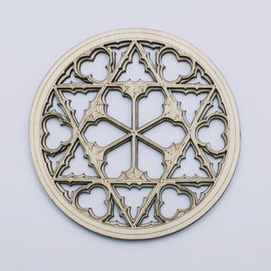 Gothic rose window style wooden drink coaster and refrigerator magnet