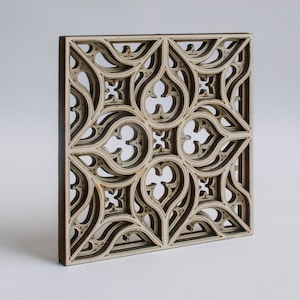 Gothic rose window style refrigerator magnet and wooden drink coaster