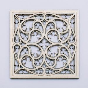 Gothic rose window style wooden drink coaster and refrigerator magnet