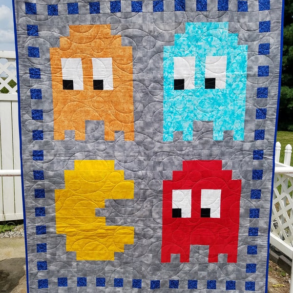 Handmade, Fandom, 8-Bit, Pixelated, Pacman with Ghosts, Video Games, Throw Quilt, Lap Quilt, Gifts for Him, Gifts for Her, Gifts