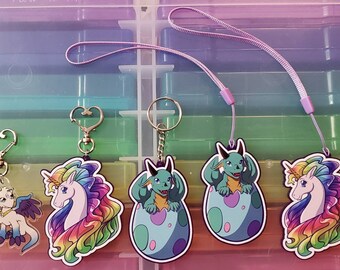 Fantasy Unicorn and Dragon Acrylic Keychain or Lanyard Charms