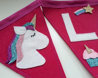 Personalised Fabric Bunting Blue//Grey//Pink//Purple//Safari//Jungle//Unicorn//Stars