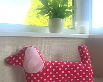 Handmade Dachshund Cushion: Red Heart Sausage Dog Pillow