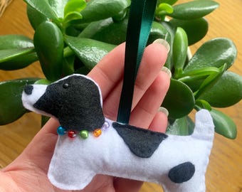 Felt Piebald Dachshund Ornament, Beaded Collar, Dog Lover Gift