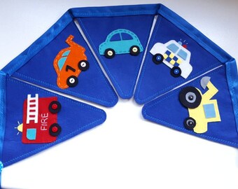 Handmade Felt Car Bunting: Transport Theme, Boys Bedroom Decor