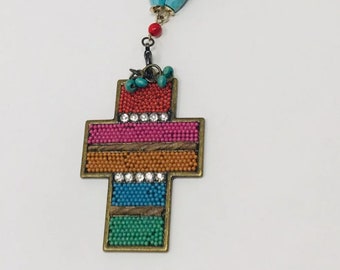 Turquoise and Mexican Cross Necklace