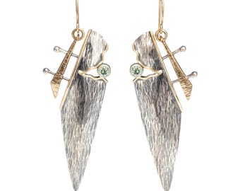 Long Shield Earrings – Green Moissanite, Sterling Silver & 14K Gold Filled