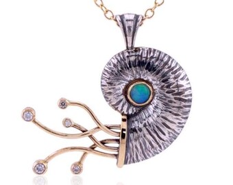 Opal Ammonite Necklace: Sterling Silver, 14k Gold Tentacles With Moissanite