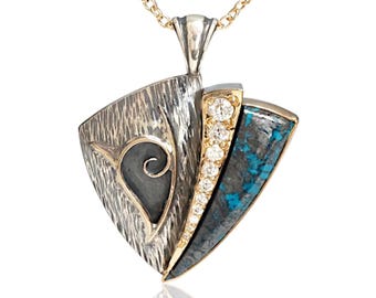 Azurite and Moissanite Wearable Art Necklace - Sterling Silver and 14k Gold Filled