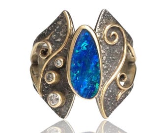 Australian Opal and Diamond Butterfly Ring: 14k Gold, Oxidized Sterling Silver, Asymmetrical Design