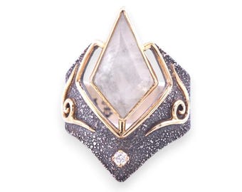 Moonstone, Diamond Crown Ring: 14k Gold and Sterling Silver Elven Wedding Ring