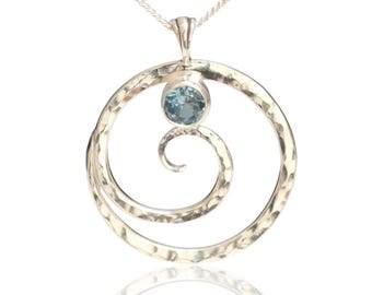 London Blue Topaz Wave Necklace - Sterling Silver Spiral Pendant