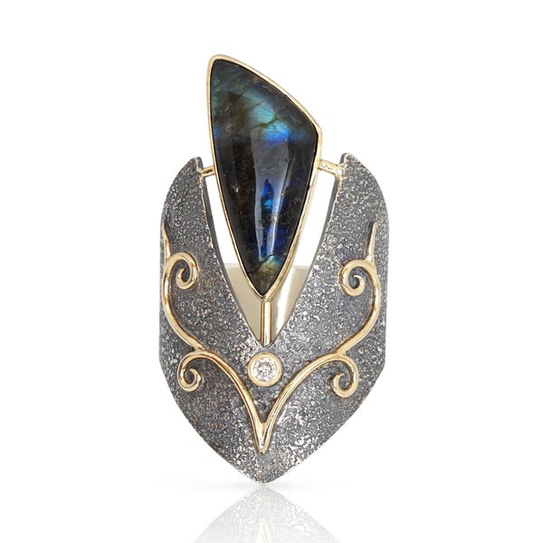 Labradorite and Diamond Monarch Ring - 14k Gold and Oxidized Silver Heart Ring - Art Nouveau Swirl Ring - Long Ring