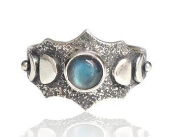 Labradorite Moon Phase Ring - Oxidized Sterling Silver Ring - Starry Night - Wearable Art