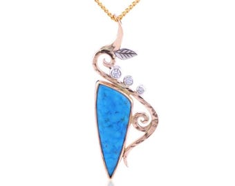 Turquoise, Moissanite Necklace: 14k Gold Filled Vine, Silver Leaf