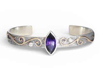 Amethyst and Diamond Vine Bracelet - Intricate Cuff Bracelet - Gold Vines - Amethyst Marquise - February Birthstone
