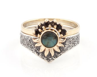 Labradorite Sun Ring Set: 14k Gold & Sterling Silver, Smokey Quartz