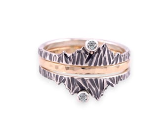 Moissanite Mountain Ring Set: Oxidized Sterling Silver & 14k Gold Filled