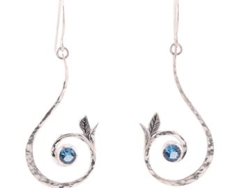 London Blue Topaz Winter Vine Earrings: Sterling Silver Leaf Jewelry
