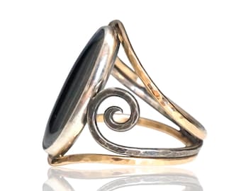 Hematite Statement Ring - Oxidized Sterling Silver & 14k Gold-Filled - Mixed Metal Swirl Design