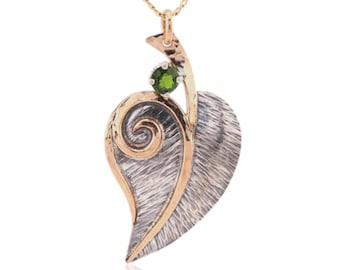 Chrome Diopside Leaf Necklace: Sterling Silver & 14k Gold Filled