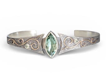 Green Amethyst and Moissanite Vine Bracelet - Intricate Cuff Bracelet - Gold Vines - Prasiolite Marquise - February Birthstone