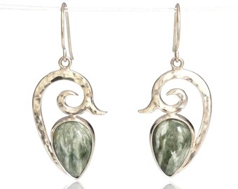 Seraphinite Spiral Vine Earrings: Sterling Silver Leaf Jewelry