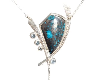 Azurite and London Blue Topaz Blade Necklace - Sterling Silver Necklace - Calligraphy Necklace
