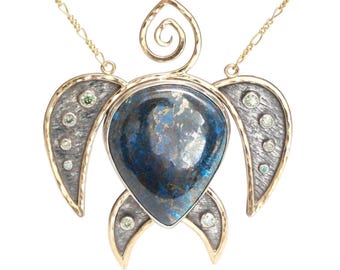 Azurite Turtle Necklace - Sterling Silver, 14k Gold Filled - Green Moissanite - Hawaiian Honu Pendant