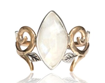 Moonstone Vine Ring — 14k Gold-Filled Band with Sterling Silver Leaves | Botanical Jewelry