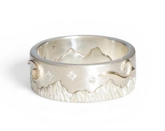 Starry Night Mountain Puzzle Ring - Silver and Gold - Diamond Fidget Ring