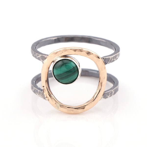 Malachite Circle Ring - Oxidized Silver and 14k Gold Filled - Unique Mixed Metal Ring - Double Band Ring - Orbit Ring - Green and Gold