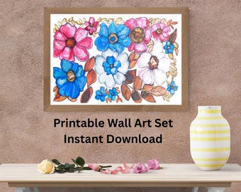 Conjunto de láminas florales retro / Arte mural imprimible / Ilustración floral vintage / Descarga instantánea / Tamaños A3, A4 y Carta estadounidense / Arte dibujado a mano