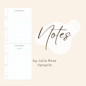 Puede incluir: Fondo color crema con la palabra "Notes" en fuente manuscrita. El texto "by Julia Rose Upcycle" está debajo. Dos secciones de papel rayado con agujeros para una carpeta están a la izquierda. El texto "- moody memoirs -" y "- I.D.S.T. -" está en el papel.