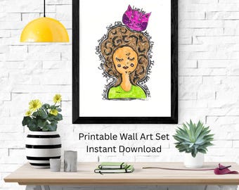 Juego de 3 láminas imprimibles de gatos y té / Frases divertidas y emotivas / Arte para mujeres y madres / Ilustración dibujada a mano / Descarga instantánea