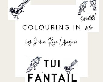 Dibujos para colorear de aves de Nueva Zelanda: Tui / Abanico con gatos, setas y flores / Dibujos para colorear para adultos (imprimibles) / Arte lineal de la naturaleza / Descarga digital