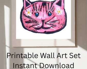 Conjunto de láminas retro de gatos / Arte mural imprimible / Paquete de ilustraciones de gatos originales / Lindo gato rosa, gato punk verde, cita "Meow Peow" / Láminas cuadradas