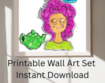 Láminas con frases de la mujer moderna / Juego de 3 láminas decorativas para pared / Ilustración femenina / “Los sueños son gratis” “Solo yo y mi gato” “La vida requiere té”