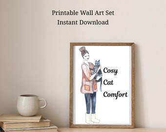 Introverted but Warm - Quiet Feminine Quote Printable Wall Art Set | Cat Lovers | Calm Home Decor | Instant Download