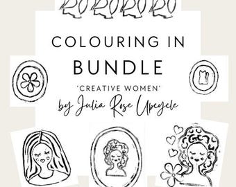 Paquete de dibujos para colorear de mujeres creativas / Conjunto de páginas para colorear imprimibles / Arte floral con mujeres, gatos y teteras / Diseños impresos a mano / Arte relajante